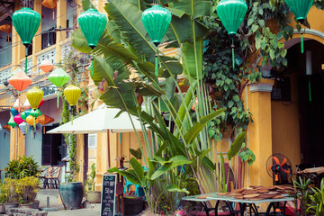 Hoian Ancient town houses. Colourful buildings with festive silk lanterns. UNESCO heritage site. Vietnam.