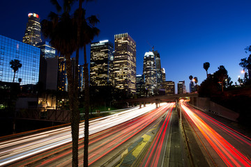 Fototapeta premium City of Los Angeles Downtown at Sunset With Light Trails
