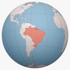 Brazil on the globe. Earth hemisphere centered at the location of the Federative Republic of Brazil. Brazil map.