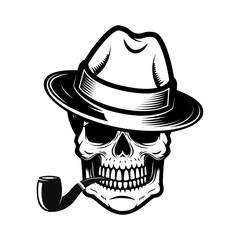 Gentleman skull with smoking pipe. Design element for logo,  label, sign, t shirt.