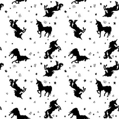 Seamless pattern with unicorns and stars. Design element for package, clothes decoration, poster, banner, flyer.