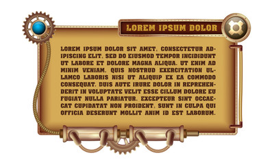 Freely editable mechanical banner decorated with brass gears, nozzles and rivets on a white Steampunk background.