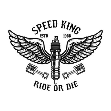 Winged Motorcycle Spark Plug. Design Elements For Logo, Label, Sign, Menu.