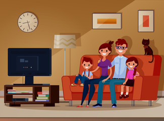 Family, children and parents watching TV. Children sitting on the couch and watching a movie. kids watch TV and laugh. Vector. Illustration. Flat style. Cartoon style