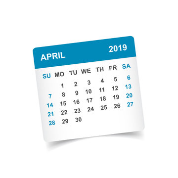 Calendar april 2019 year in paper sticker with shadow. Calendar planner design template. Agenda april monthly reminder. Business vector illustration.