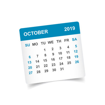 Calendar october 2019 year in paper sticker with shadow. Calendar planner design template. Agenda october monthly reminder. Business vector illustration.