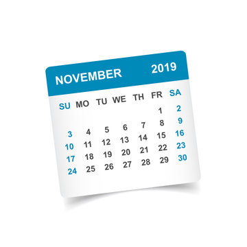 Calendar november 2019 year in paper sticker with shadow. Calendar planner design template. Agenda november monthly reminder. Business vector illustration.
