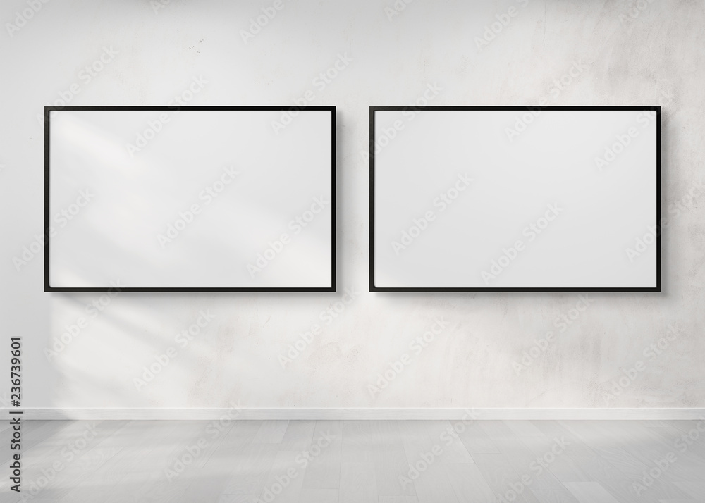 Aufkleber Two horizontal frames hanging on a wall mockup 3d rendering