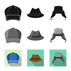Vector design of headgear and cap icon. Collection of headgear and accessory stock symbol for web.