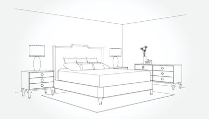 Linear sketch of an interior. Room plan. Sketch Line bedrooms. Vector illustration.outline sketch drawing perspective of a interior space