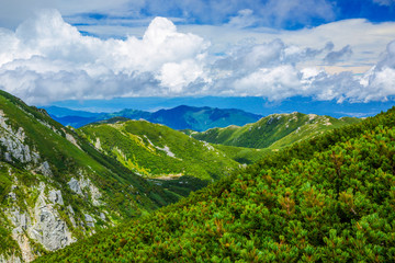 Picturesque landscape from top of the mountain in Central Alps, Nagano Prefecture, Japan.