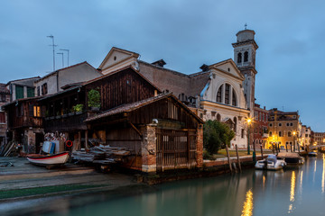 Facade of San Trovaso at twilight