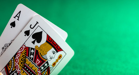 Casino, gambling concept. Blackjack on green felt