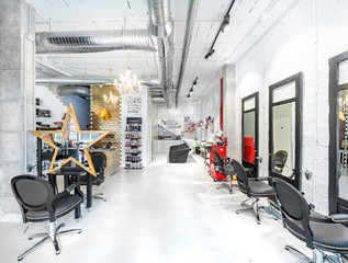 Chairs in a retro beauty salon. Hair salon and make up store, barber shop and manicure interior...