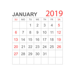 Calendar january 2019 year in simple style. Calendar planner design template. Agenda january monthly reminder. Business vector illustration.