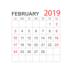 Calendar february 2019 year in simple style. Calendar planner design template. Agenda february monthly reminder. Business vector illustration.