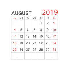 Calendar august 2019 year in simple style. Calendar planner design template. Agenda august monthly reminder. Business vector illustration.
