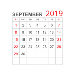 Calendar september 2019 year in simple style. Calendar planner design template. Agenda september monthly reminder. Business vector illustration.