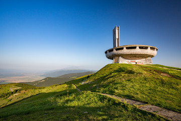 Landscape view of abandoned communist monument, Buzludzha peak, Stara Planina mountain, Bulgaria,...