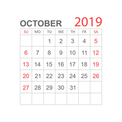 Calendar october 2019 year in simple style. Calendar planner design template. Agenda october monthly reminder. Business vector illustration.