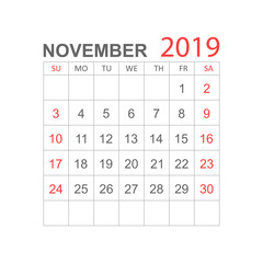 Calendar november 2019 year in simple style. Calendar planner design template. Agenda november monthly reminder. Business vector illustration.