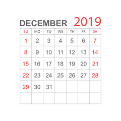 Calendar december 2019 year in simple style. Calendar planner design template. Agenda december monthly reminder. Business vector illustration.