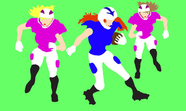 Rugby player woman running with the ball. Hand drawn style vector illustrations.