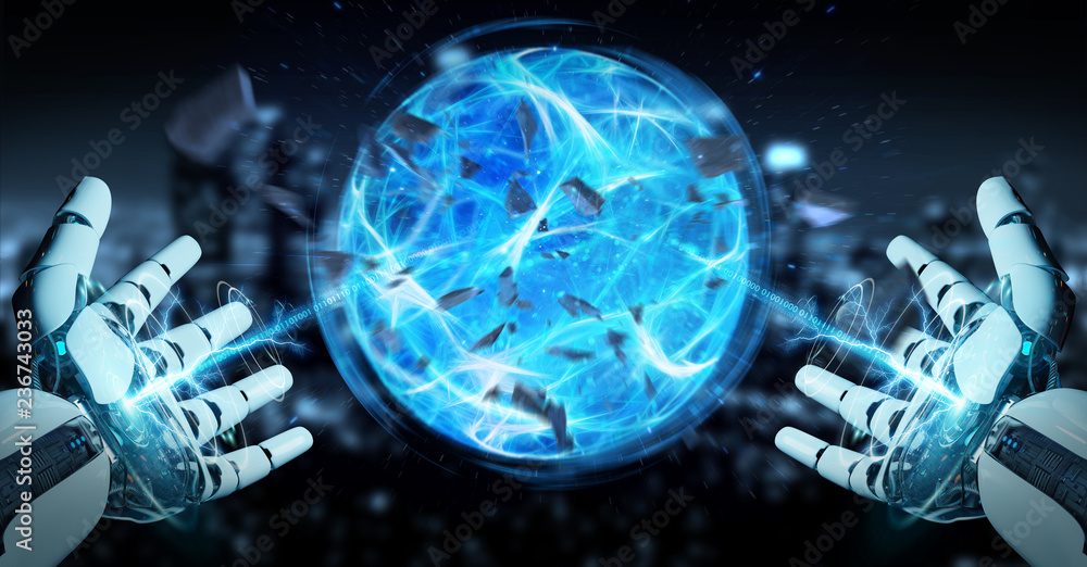 Aufkleber white robot hand creating energy ball 3d rendering