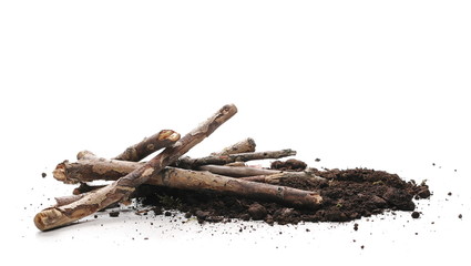 dry branches pile for fire on dirt isolated on white background