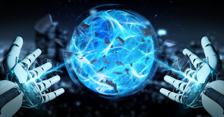 White robot hand creating energy ball 3D rendering