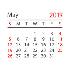 Calendar may 2019 year in simple style. Calendar planner design template. Agenda may monthly reminder. Business vector illustration.