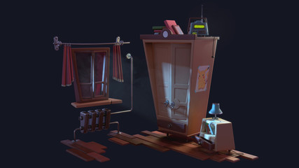 cartoon illustration of living room (night)