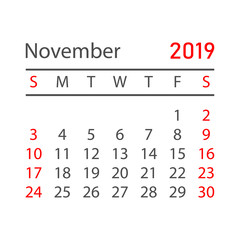 Calendar november 2019 year in simple style. Calendar planner design template. Agenda november monthly reminder. Business vector illustration.