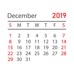 Calendar december 2019 year in simple style. Calendar planner design template. Agenda december monthly reminder. Business vector illustration.