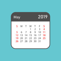 Calendar may 2019 year in simple style. Calendar planner design template. Agenda may monthly reminder. Business vector illustration.