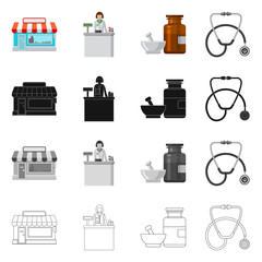 Vector illustration of pharmacy and hospital icon. Set of pharmacy and business stock vector illustration.