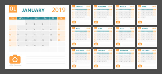 Calendar 2019 year in simple style. Calendar planner design template. Agenda monthly template with company logo. Business vector illustration.