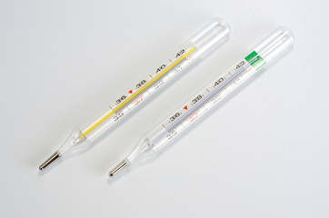 Glass medical thermometer thermometer for measuring body temperature shot on a white background