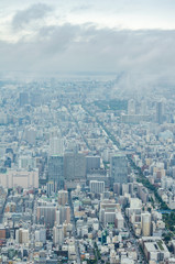 Fototapeta premium Aerial view of Tokyo cityscape from high above. Dense populated area with many buildings.