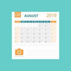 Calendar august 2019 year in simple style. Calendar planner design template. Agenda monthly august template with company logo. Business vector illustration.