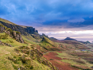 Sunrise over the Quiraing on the Isle of Skye in Scotland.