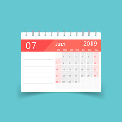 Calendar july 2019 year in paper sticker with shadow. Calendar planner design template. Agenda july monthly reminder. Business vector illustration.