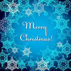 Christmas and New Year Postcard background with snowflakes on gradient blue background and merry christmas lettering, vector illustration