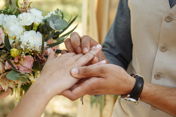 wedding couple wearing gold finger rings