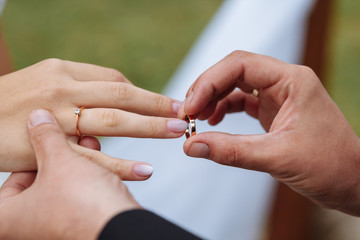 wedding couple wearing gold finger rings