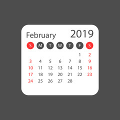 Calendar february 2019 year in simple style. Calendar planner design template. Agenda february monthly reminder. Business vector illustration.