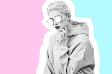 Pop art collage of young hipster woman.