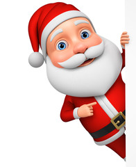 Cartoon character Santa Claus points a finger at a blank board. 3d rendering. Illustration for advertising.