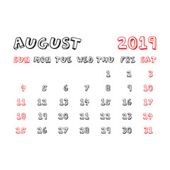 Calendar august 2019 year in cartoon child style. Calendar planner design template. Agenda august monthly reminder. Business vector illustration.