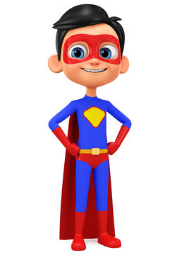 Cartoon character boy in superhero costume on a white background. 3d rendering. Illustration for advertising.